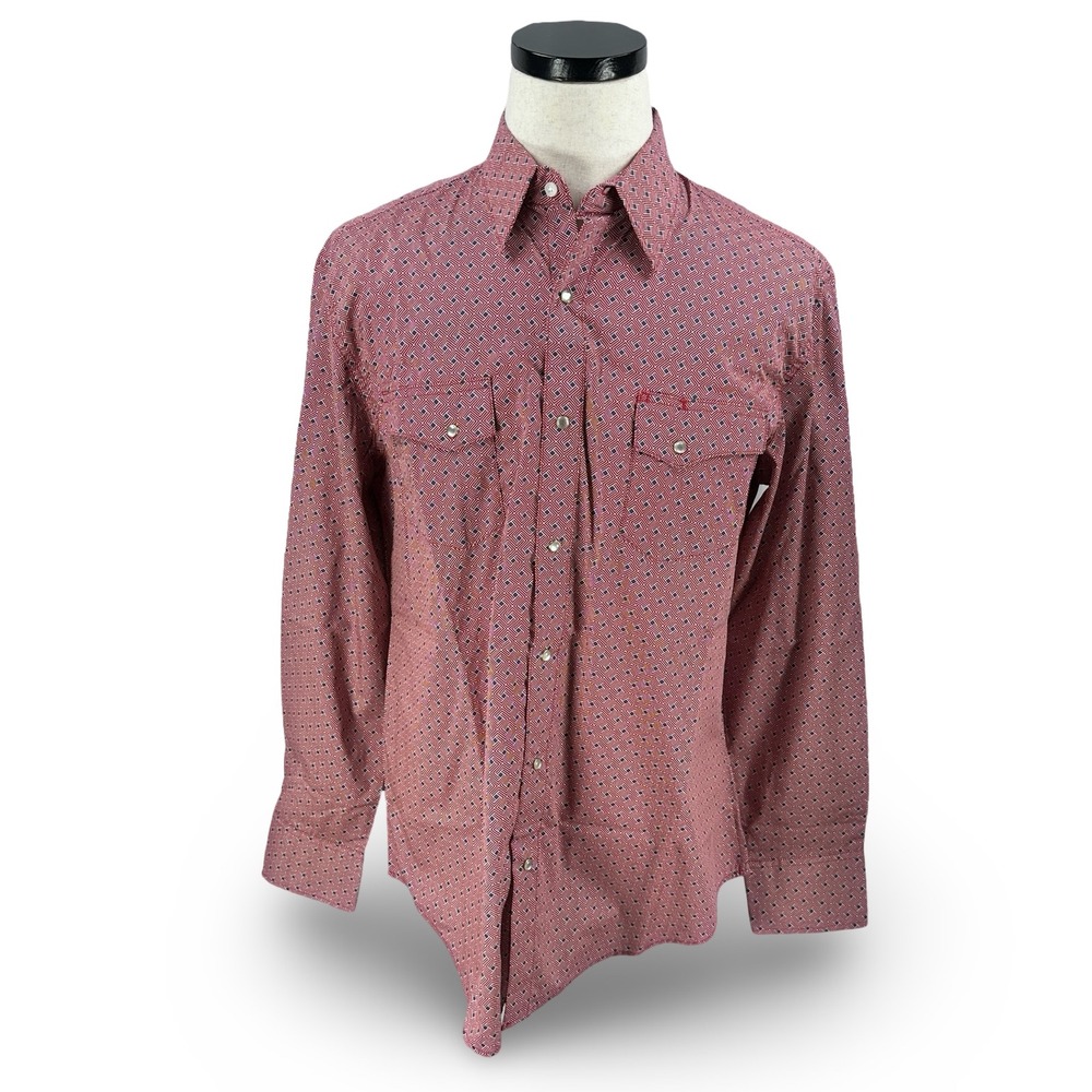 Wrangler‎ Wrancher Mens Large Red Geometric Pearl Snap Western Shirt MTW1470